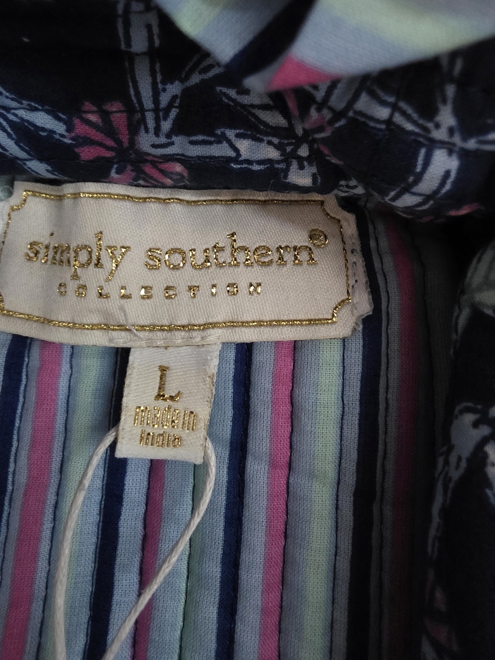 Simply Southern Navy Floral Quilted Button-Down with Striped Ruffle TIE FRONT - Picture 2 of 10